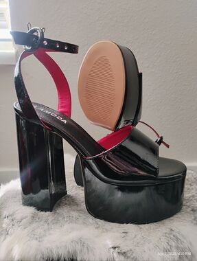 Black Patent Platform Block Heel Sandals with Pink Lining